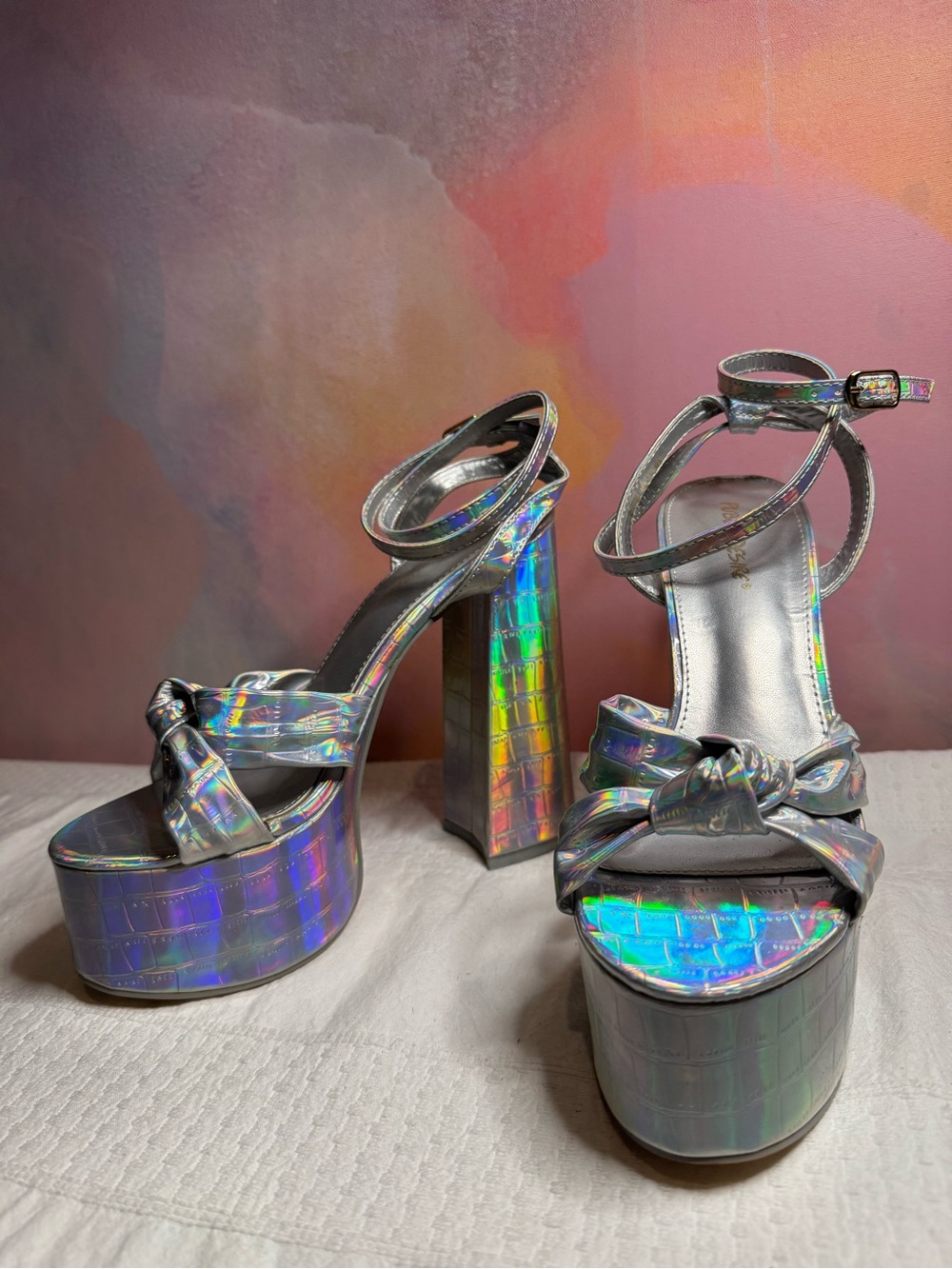 Public Desire Exclusive Leo Platform Ankle-Strap Heels - Holographic Silver - Picture 2 of 6